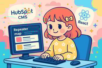 HubSpot CMSとReactで繰り返しフィールドのモジュールを開発する女の子のイラスト。パソコン画面にRepeaterとmapのコードが表示されている。