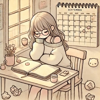 DALL·E 2025-03-22 20.48.52 - A gentle and comforting illustration that represents the feeling of failed journaling attempts. A soft, pastel-style sketch of a girl sitting at a des