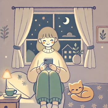 DALL·E 2025-03-22 21.21.01 - A soft and calming illustration in pastel tones, showing a girl sitting on her bed at night, holding a phone and smiling gently. The atmosphere is coz
