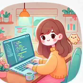 DALL·E 2025-03-23 19.46.46 - A cute and bright illustration of a girl coding on a laptop. She is sitting at a desk with a clear, colorful code editor on the screen (like VSCode). 