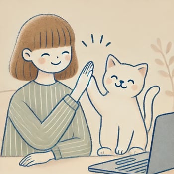 DALL·E 2025-03-23 19.54.36 - A soft, pastel-colored illustration of a girl and a cute cat giving each other a high five. The girl is smiling gently and sitting next to a laptop, l
