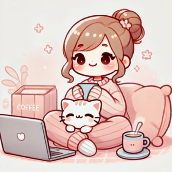 DALL·E 2025-03-24 21.44.55 - A soft and cute, chibi-style illustration of a young woman sitting with a closed laptop beside her, holding a warm drink like coffee or tea, and smili