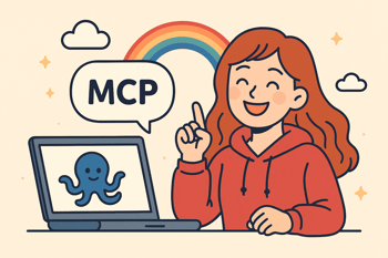 虹を背景に笑顔でMCPを語る女性とHubSpotタコのキャラが並ぶ